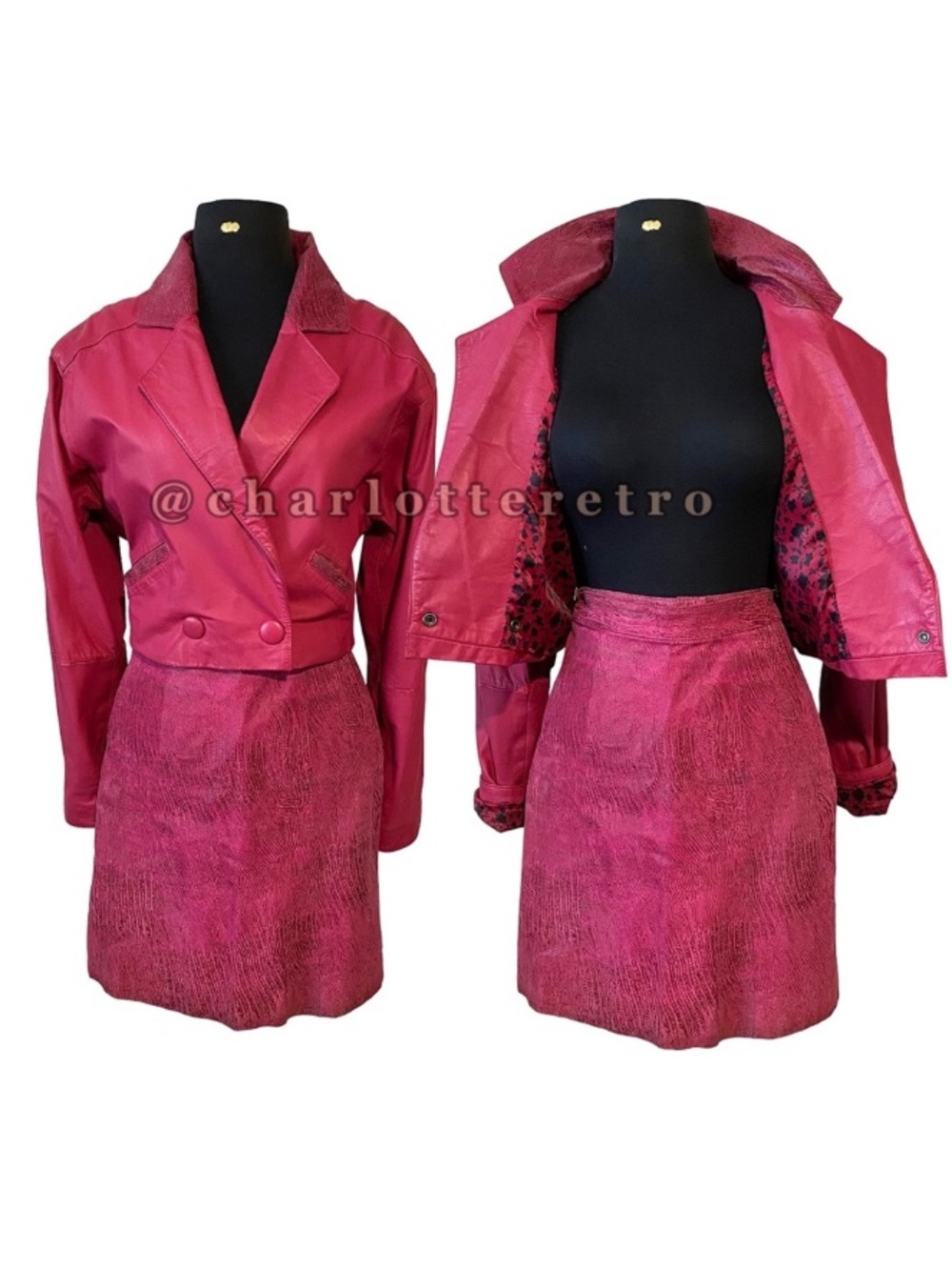 90s vtg Hot Pink Leather Cropped Jacket + Skirt Outfit